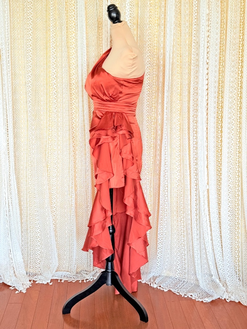 Sultry Flamenco Orange Satin One Shoulder Cutout Ruffle Formal Gown Luxxel Sz M - Picture 8 of 17